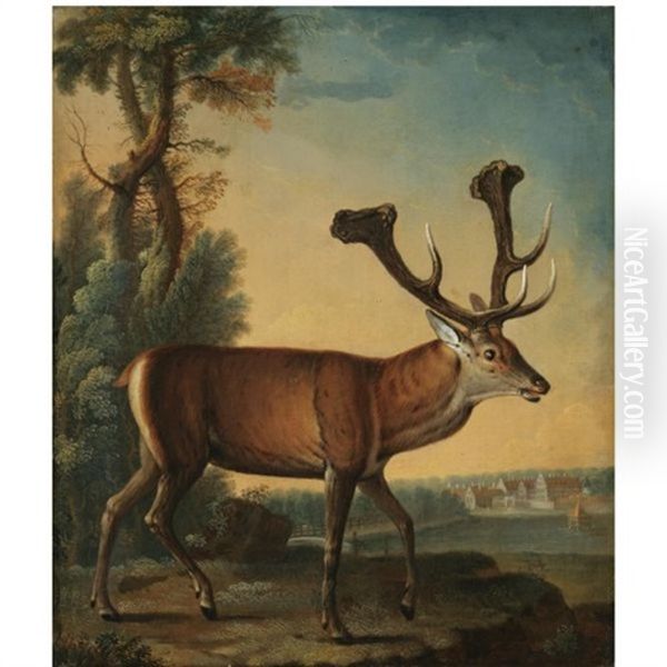 A Stag In A Landscape, A View Of The Castle Of Kranichstein Beyond - view 1