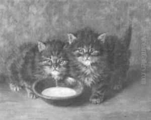 Zwei Junge Katzchen Vor Gruner Milchschale by Minna Stocks
