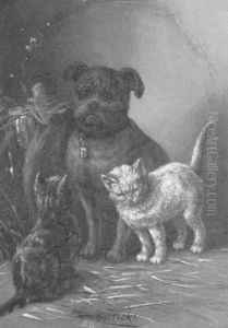 Sitzender Hund Mit Zwei Katzen by Minna Stocks