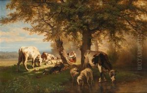 Vaches Et Moutons S"abreuvant