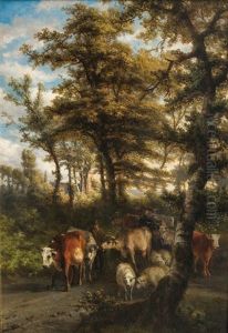 Shepherds With Flock by Ildephonse Stocquart