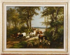 Paysans Et Leur Troupeau Au Passage Du Gue by Ildephonse Stocquart