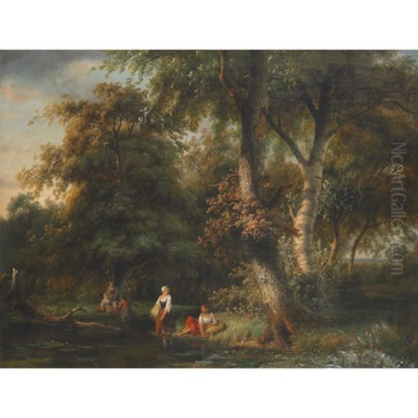 Young Field Workers Bathing And Resting In A Forest Pool - view 1
