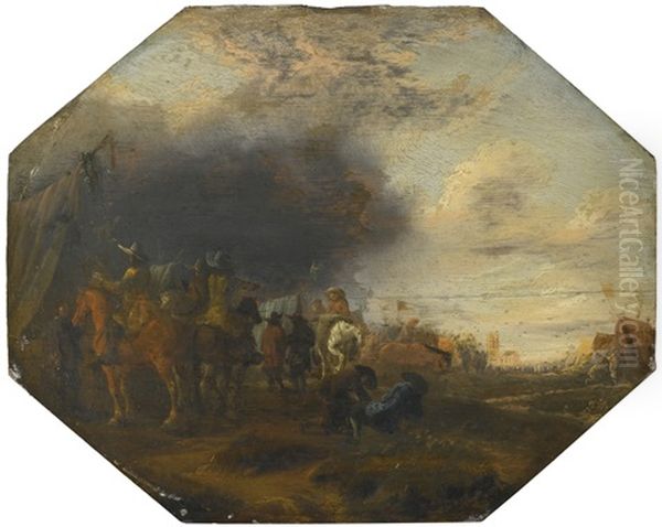 Cavalry Skirmish; Soldiers Outside A Tented Camp - view 1