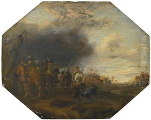Cavalry Skirmish; Soldiers Outside A Tented Camp by Jan Jacobsz van der Stoffe