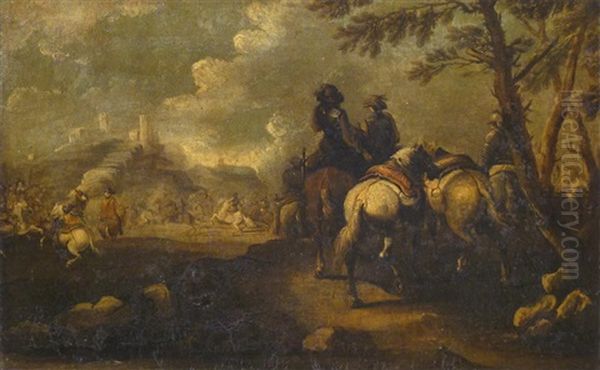 Cavalry Observing A Skirmish Near A Hilltop Castle - view 1