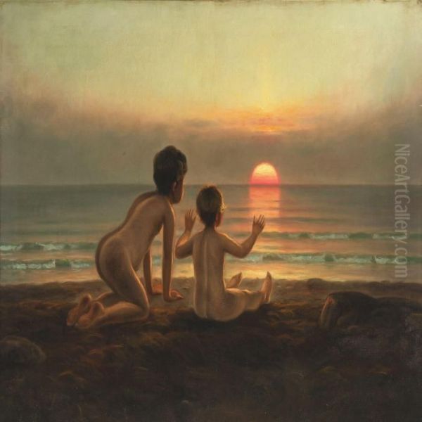 Two Children On The Beach At Sunset - view 1