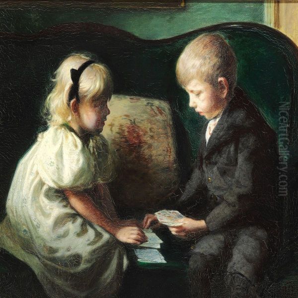 The Silversmith And Toy Designer Kay Bojesen As A Child Playing Cards With His Sister Thyra - view 1