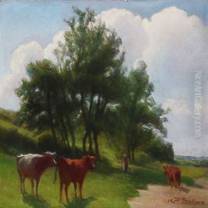 Grazing Cows In A Hilly Landscape by Hans Ole Brasen