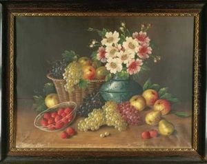 Fruchtestilleben Mit Erdbeeren, Trauben Und Apfeln Mit Rosenstraus