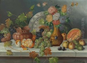 Stillleben Mit Obst, Melone, Blumen Mit Kupferkessel