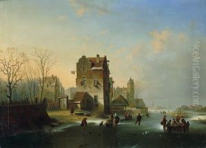 Winterliche Flusslandschaft Mit Eislaufern