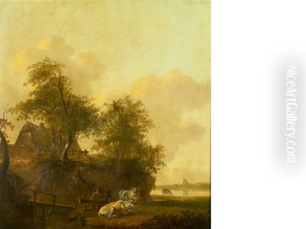 Drovers Resting With Cattle Before A River, A Farmhouse In The Distance - view 1