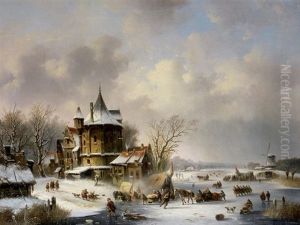 Figures On A Frozen Waterway With Townscape