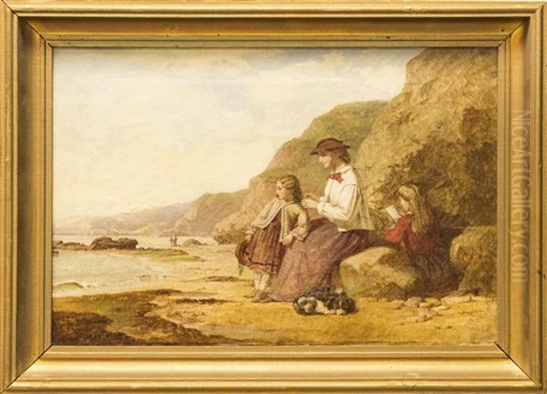 Strandmotiv Med Kvinna, Barn Och Hund - view 1