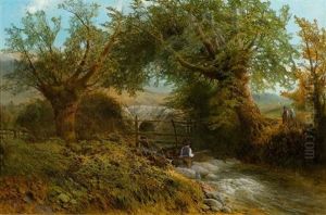 Sommerliche Bachlandschaft Mit Einem Forellenfischer