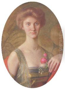 Portrait Of A Lady, In A Silver And Yellow Dress, Holding A Rose In Her Left Hand