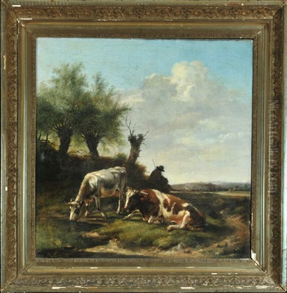 Hirte Mit Zwei Kuhen Auf Der Weide - view 1