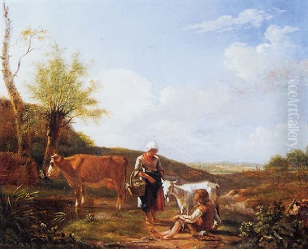 Rustend Herderspaar Met Vee Bij Een Beek - view 1
