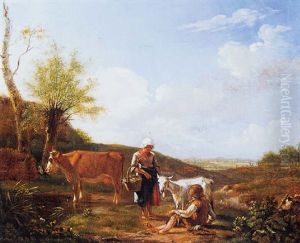 Rustend Herderspaar Met Vee Bij Een Beek by Hendrik Stokvisch