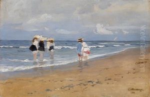 Girls Paddling At The Seaside by Evgeniy Ivanovich Stolitsa
