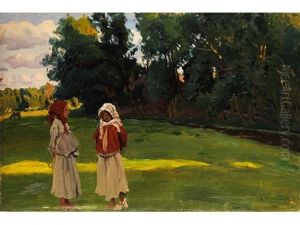 Landschaft Mit Dorfmadchen by Evgeniy Ivanovich Stolitsa
