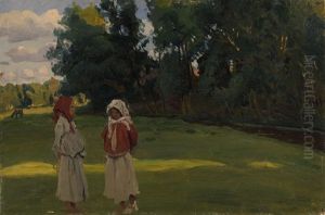 Girls In A Field by Evgeniy Ivanovich Stolitsa