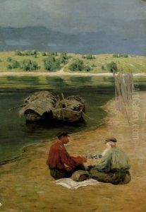 Einfache Mahlzeit Am Seeufer by Evgeniy Ivanovich Stolitsa