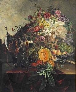 Lillies, Roses, Peonies, Syringes And Morning Glory In A Sculpted Earthenware Vase, With Hunting Paraphernalia And A Pheasant