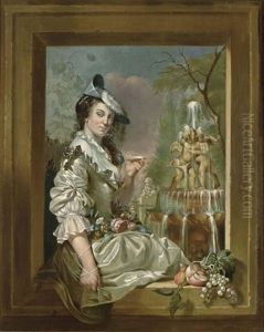 A Portrait Of An Elegant Lady Seated In A Stone Window, Wearing A White Satin Low Necked Dress A Portrait Of An Elegant Lady Seated In A Stone Window, Wearing A White Satin Low Necked Dress