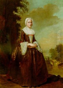 A Portrait Of A Lady, Wearing A Brown Dress With A Lace Chemise, In A Park Landscape
