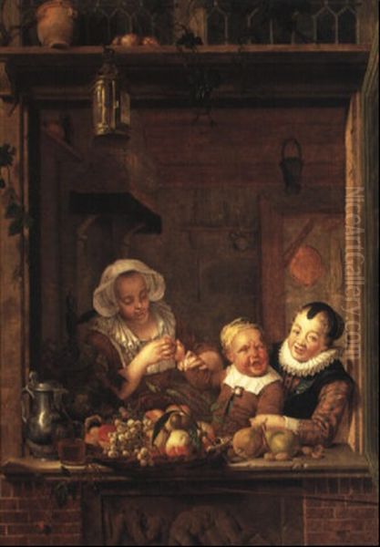 A Nursemaid, A Girl And A Young Boy Seated At An Open Window - view 1