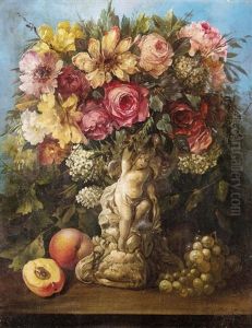 Stillleben Mit Blumen, Obst Und Puttoplastik
