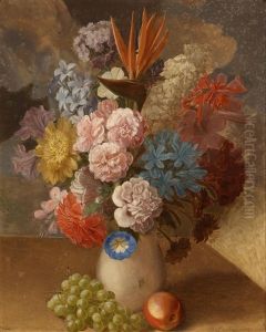 Blumen In Einer Vase, Im Vordergrund Fruchte by Leopold von Stoll