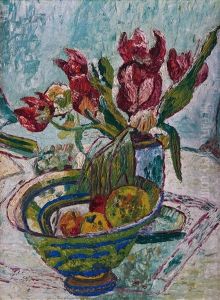 Obstschale Mit Tulpenstraus by Albert Stolz