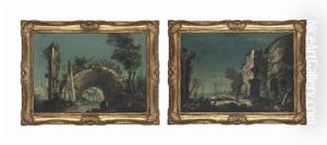 A Capriccio Of A Mediterranean Harbour With Ruins And Classical Figures; And A Capriccio With Ruins And Classical Figures by Antonio Stom