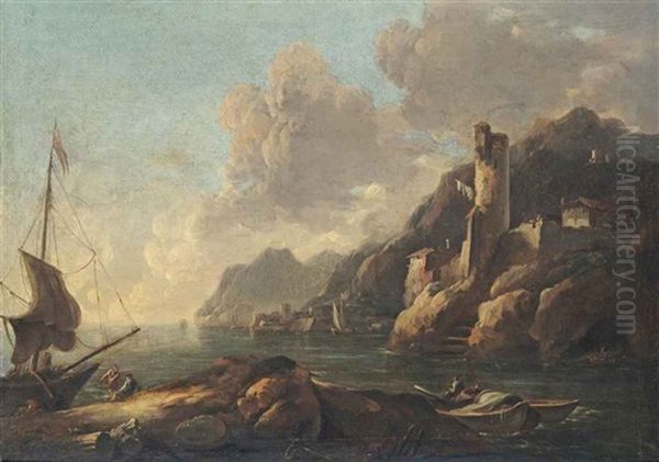 A Rocky Coastal Landscape With A Fortified Tower And An Anchored Boat - view 1
