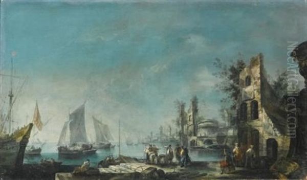 A Capriccio Harbour View With Figures Conversing And Ships At Anchor - view 1