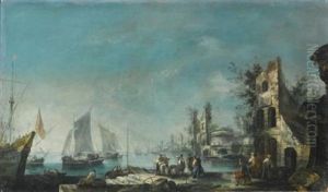 A Capriccio Harbour View With Figures Conversing And Ships At Anchor by Antonio Stom