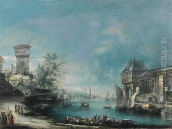 A Capriccio Coastal View With Elegant Buildings, A Bridge In The Distance, And Figures On Loaded Boats In The Foreground - view 1