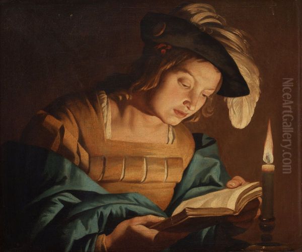 Boy Reading By Candlelight - view 1