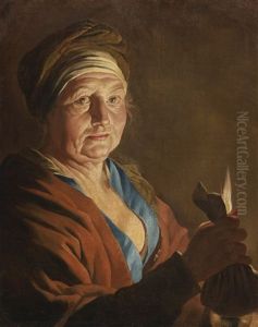 An Old Woman Holding A Purse By Candlelight by Mathaeus Stomer the Elder