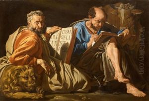 Die Evangelisten Markus Und Lukas Mit Ihren Attributen Lowe Und Ochse by Mathaeus Stomer the Elder