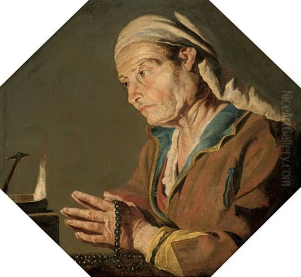 An Old Lady Telling Beads By Candlelight - view 1