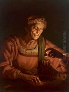 Alte Frau, Die Beim Licht Einer Ollampe Eine Munze Pruft