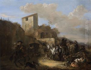 The Rest Of A Falconry Hunting Party Near An Inn by Dirk Stoop