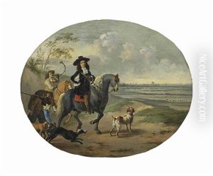 An Elegant Man, Traditionally Identified As Charles Ii, On Horseback With His Hunting Party And Dogs, Westminster And Old Saint Paul's Beyond by Dirk Stoop