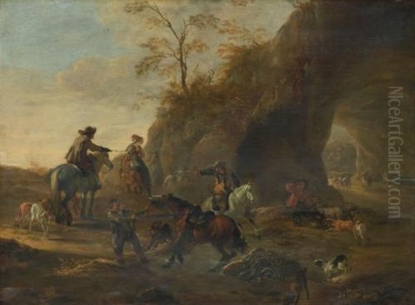 A Landscape With Horsemen And Dogs In The Foreground, A Herdsman With Cattle Beneath A Natural Arch Beyond - view 1