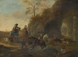 A Landscape With Horsemen And Dogs In The Foreground, A Herdsman With Cattle Beneath A Natural Arch Beyond by Dirk Stoop