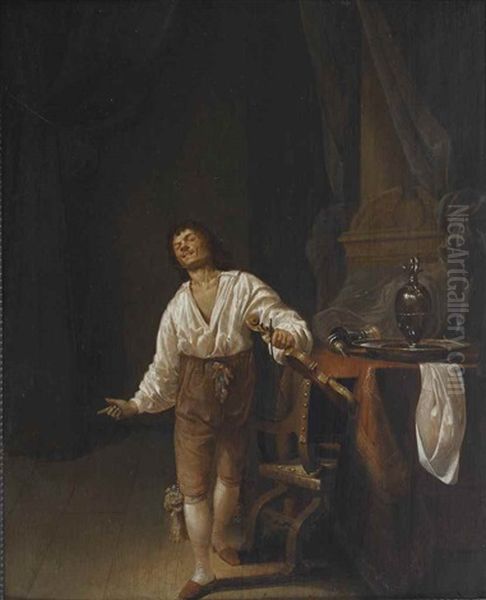 A Violin Player In An Interior With A Pewter Tankard, Jug And Platter On A Table Before A Column - view 1